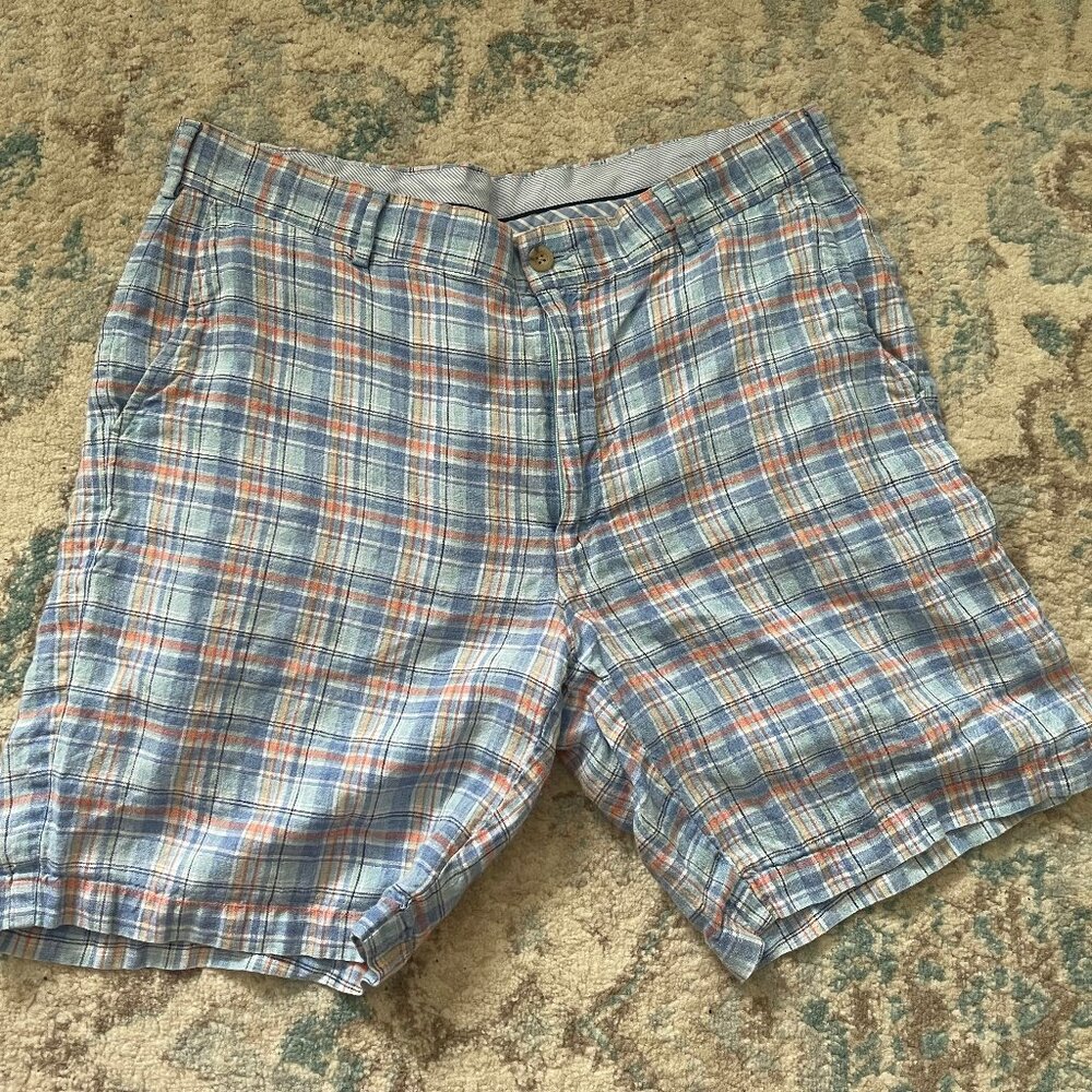 Peter Millar Shorts Mens 34 Blue Seaside Plaid Linen Golf Driving Range BEACH